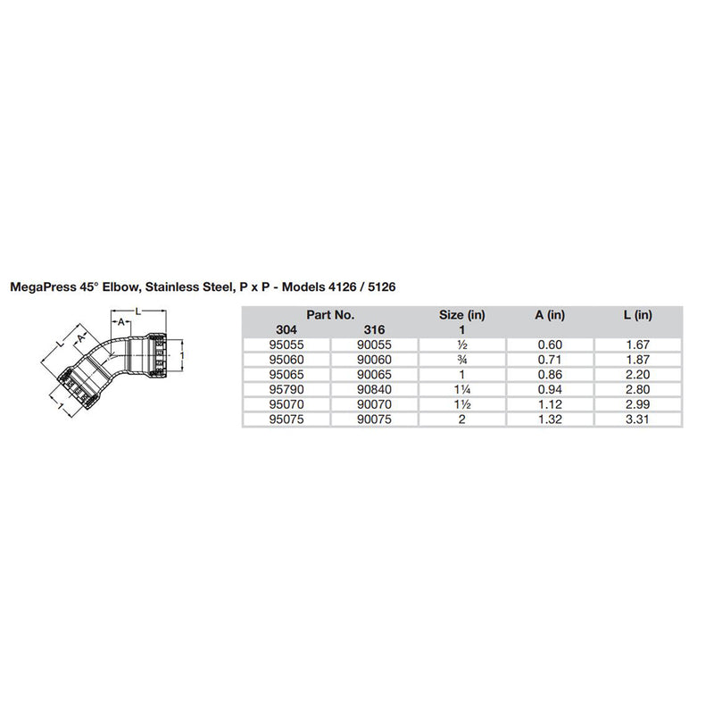 Load image into Gallery viewer, Viega MegaPress 1&quot; 45 Stainless Steel 304 Elbow - Double Press Connection - Smart Connect Technology [95065]
